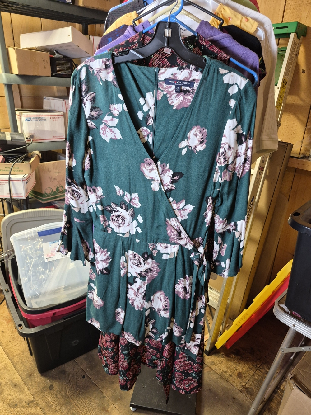 one clothing Teal Floral Wrap Jumpsuit with Pink Rose Print Bin 55